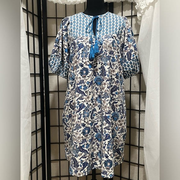 Knox Rose White and Blue Floral SHORT SLEEVE BOHO DRESS, WOMEN SIZE S - Picture 1 of 8